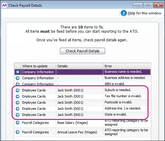 Example payroll check with employee card issues highlighted