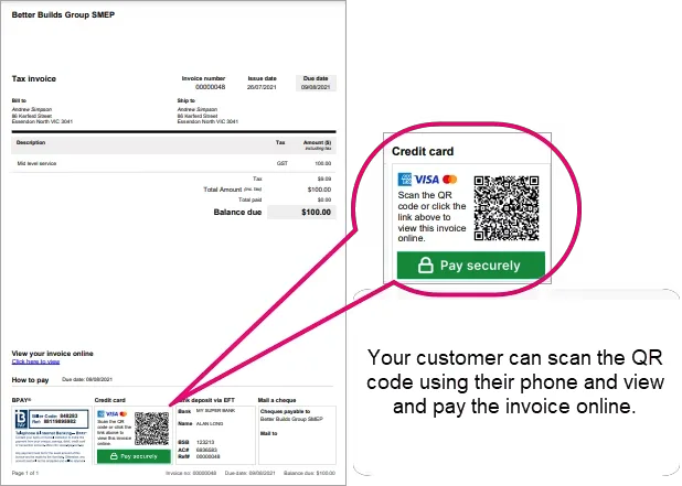 Example PDF invoice with QR code and Pay securely button highlighted