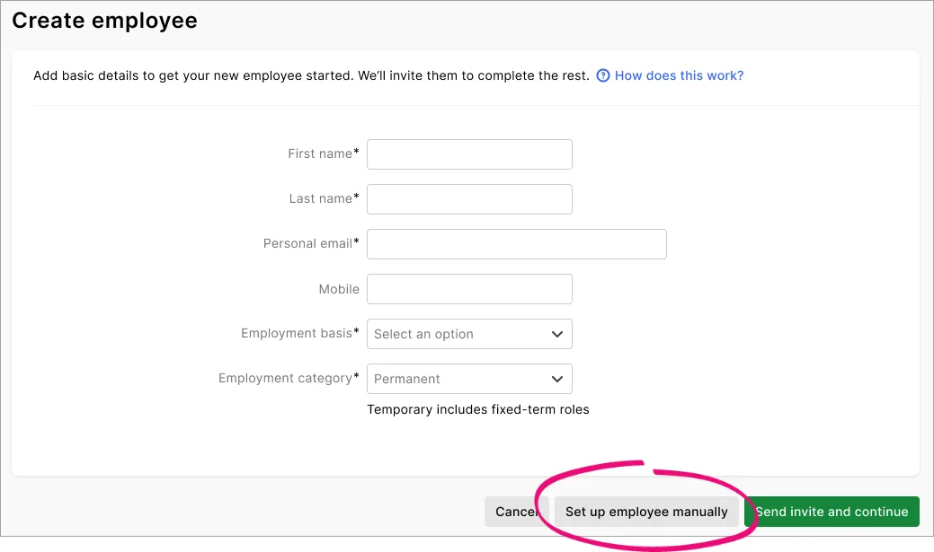 New employee creation with manual creation button highlighted
