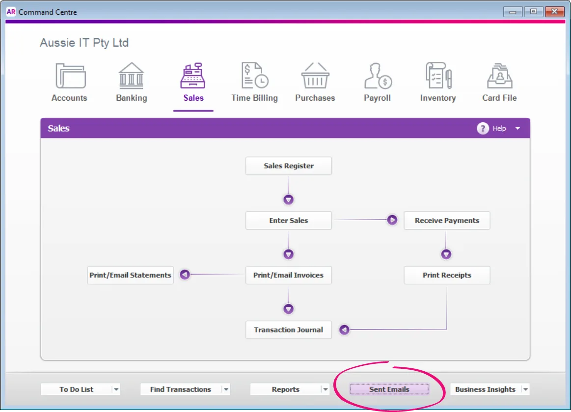 AccountRight command centre with the sent emails tab highlighted