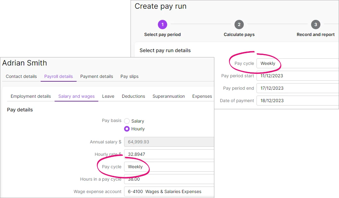 Employee pay cycle and pay run pay cycle fields highlighted