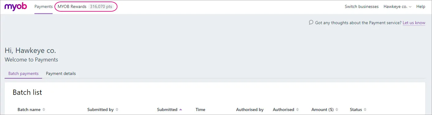 MYOB Rewards and points highlighted
