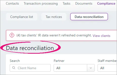 Data reconciliation heading highlighted above the Search, Partner and Staff member fields.