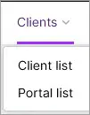 Clients menu and Client list and Portal list submenus