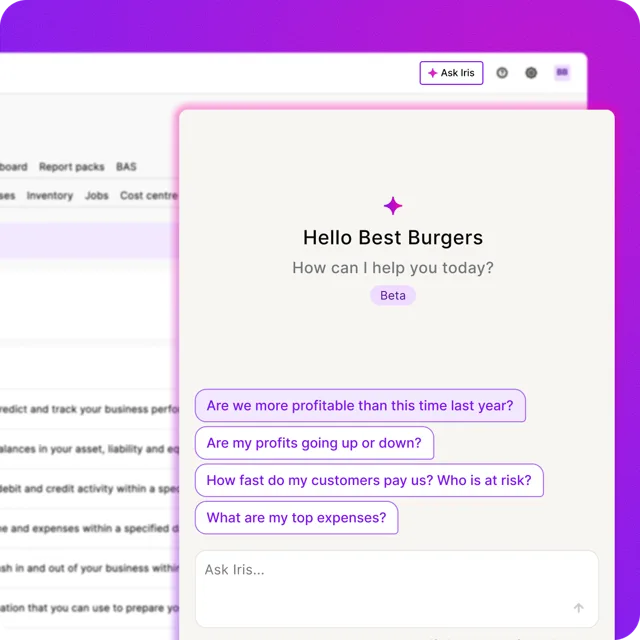 AI chat interface named Iris greeting Best Burgers with suggested financial questions and a purple-themed design.