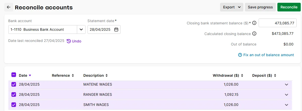 Bank account you pay wages from reconciles