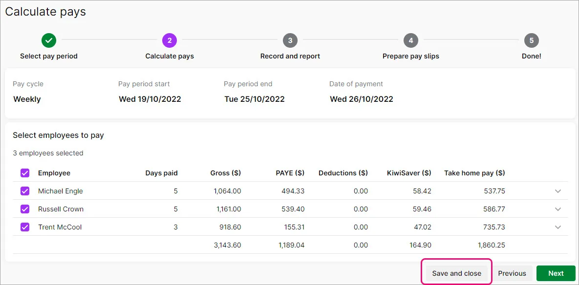 Example pay with save and close button highlighted