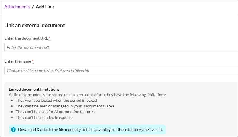 Fields for adding the document URL and file name
