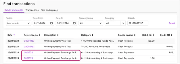 List of surcharge amounts in transactions list