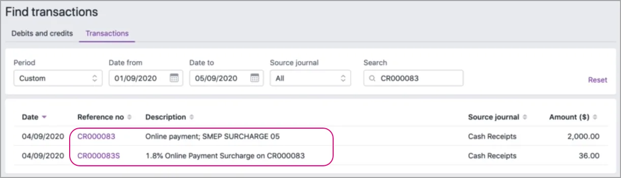 List of surcharge amounts in transactions list