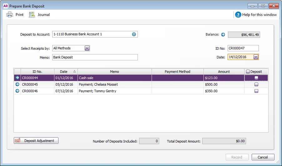 Prepare Bank Deposit window with 3 payments listed