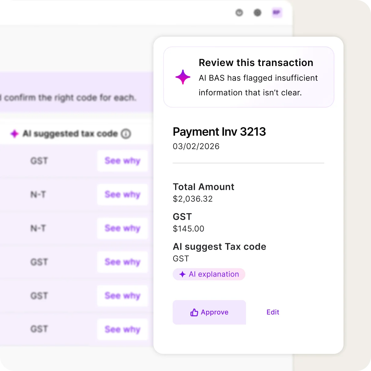 Financial transaction review screen showing payment invoice 3213 for $2,036.32 with GST of $145.00 and AI flagged information.