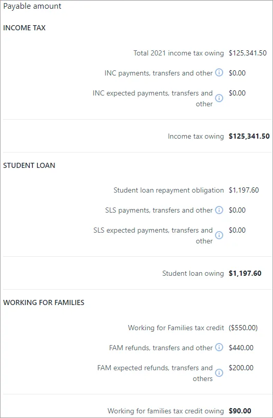 Payable amount section showing the Income tax, Student loan and Working for families sections and their fields 