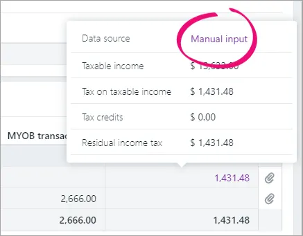 Manual input highlighted next to Data source in a window that's shown by clicking the IR transaction amount.