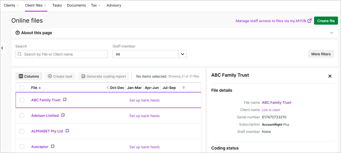 An Online files row selected and the detailed view panel displayed