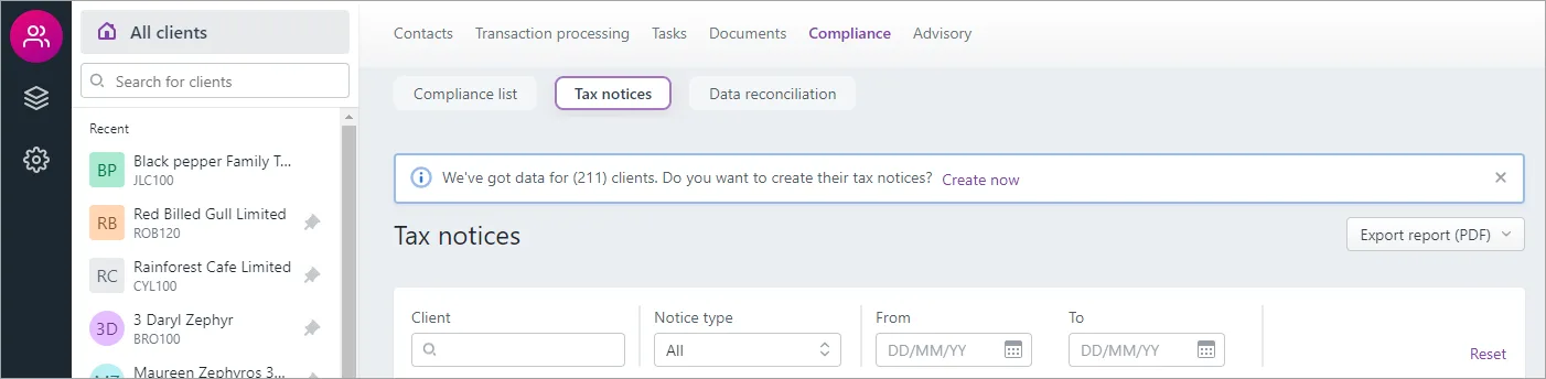 Tax notices page showing the message "We've got data for (211) Clients. DO you want to creat their tax notices? Create now"