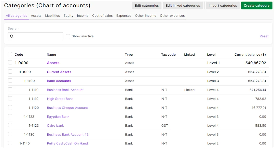Accounts Query List Example Categories (Chart of accounts)
