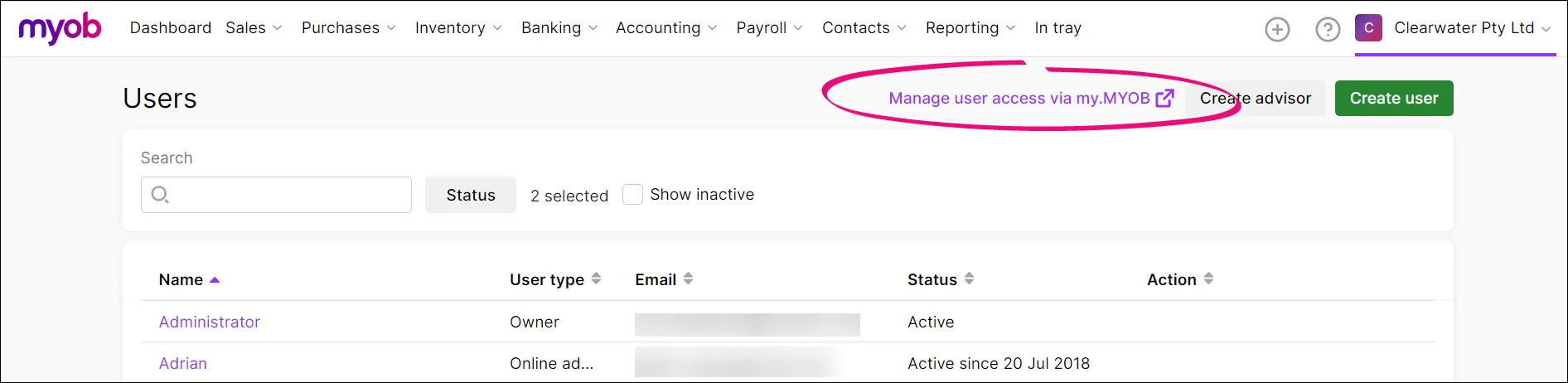 Manage user access via my dot myob