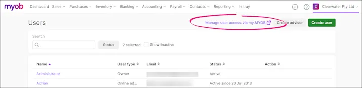 Myob Add User Manage users