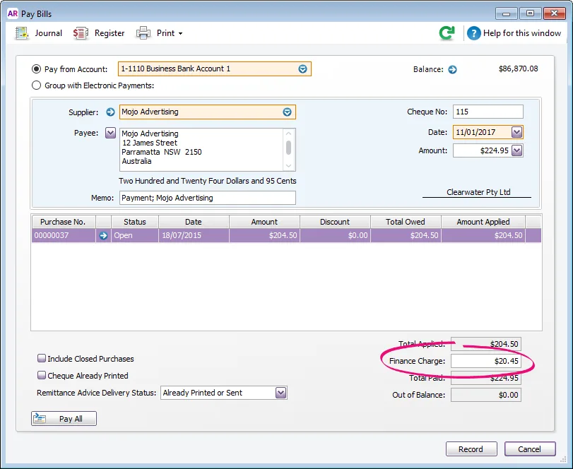 Finance charge field