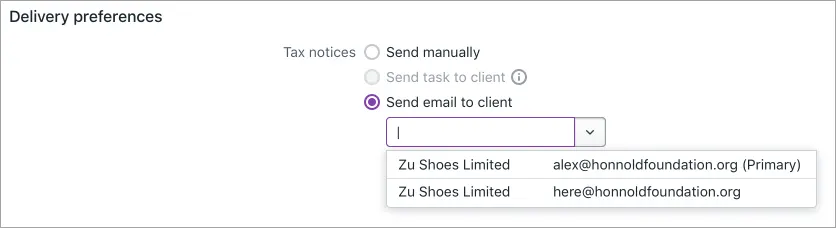 Send email to client selected with the field showing selectable options in the Delivery preferences section 