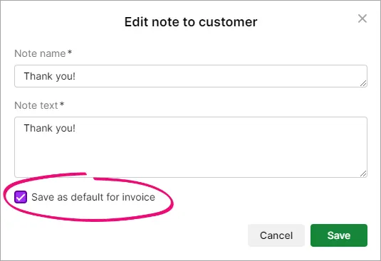 Default note option highlighted