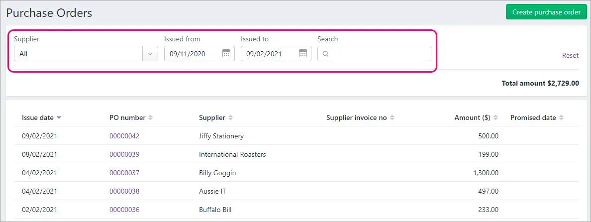 Purchase order list with filters highlighted