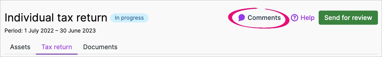 Comments button and icon highlighted at the top of a tax return above the Assets, Tax return and Documents tabs
