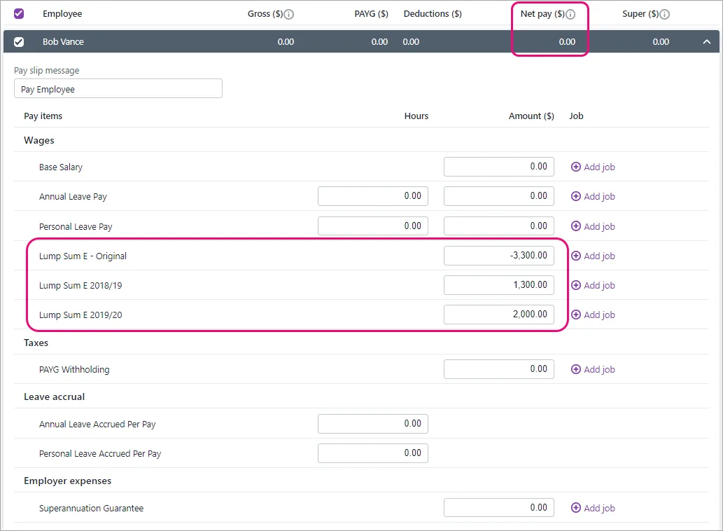 Example lump sum E correction pay with pay items highlighted