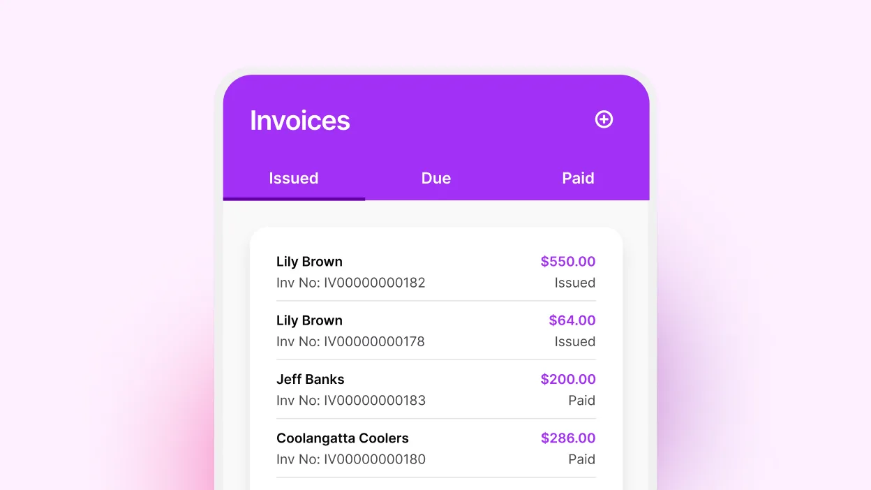 List of invoices on the MYOB Mobile app with details about price, invoice number, dates and whether or not they've been paid. 
