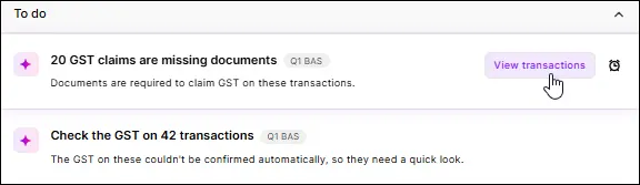 Hover over a card to see a suggested action and click it to go straight to the relevant area of MYOB Business