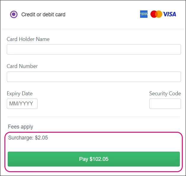 Credit or debit card option showing the surcharge fee and total amount