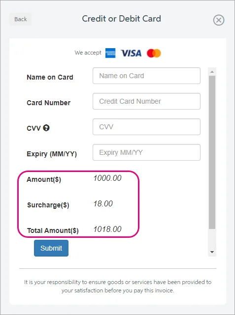 Credit or debit card option showing the surcharge fee and total amount