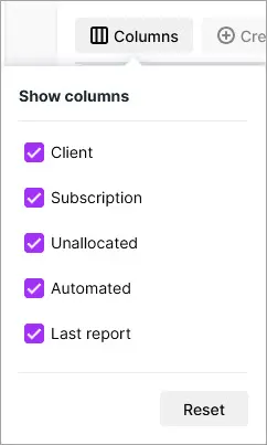 Columns button selected and options displayed