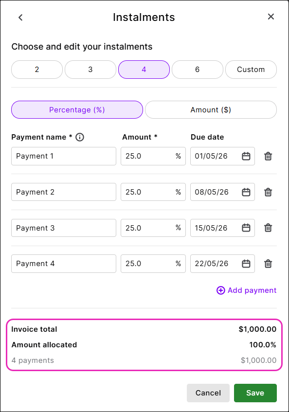 Adding a payment schedule or deposit to an invoice