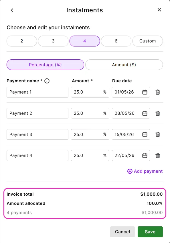 Example instalments with allocated amount highlighted