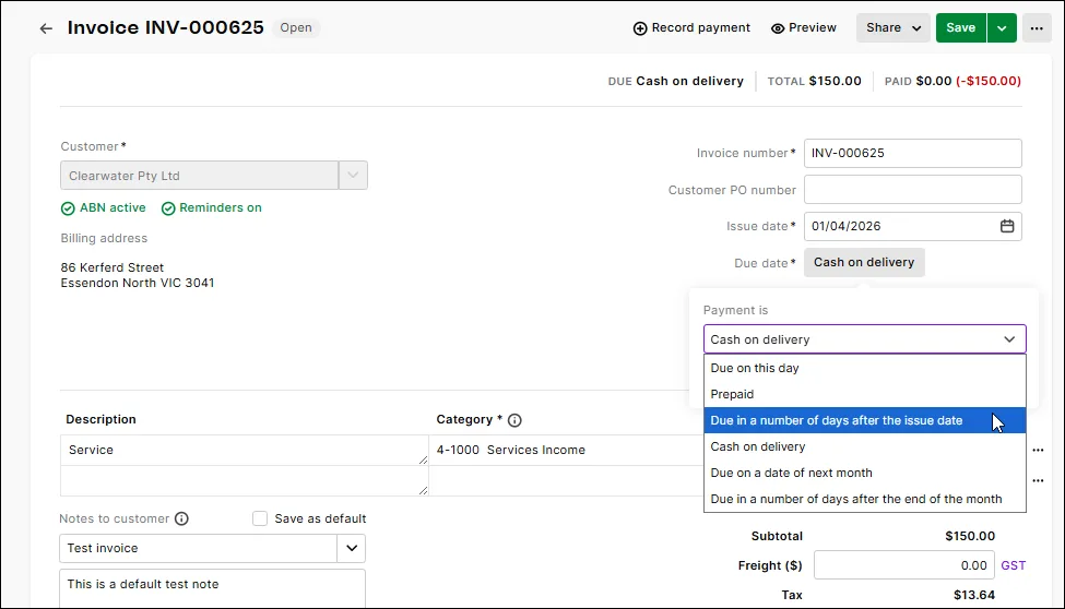 Changing the terms of an invoice from Cash on delivery to another option