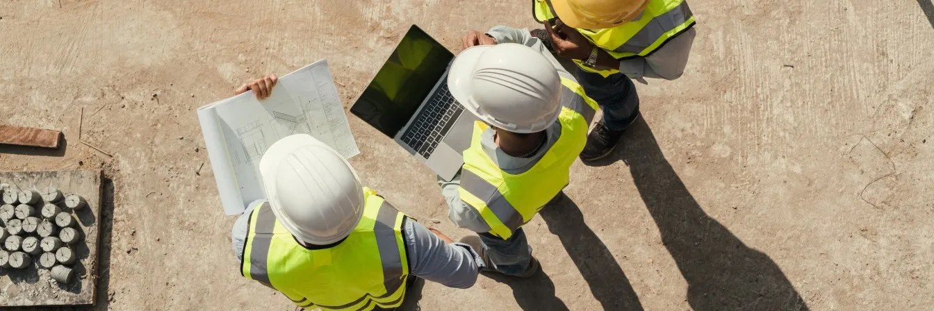 Construction workers in yellow safety vests and white helmets reviewing blueprints and laptop at a building site.