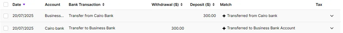 Bank transfer transaction automatically matched