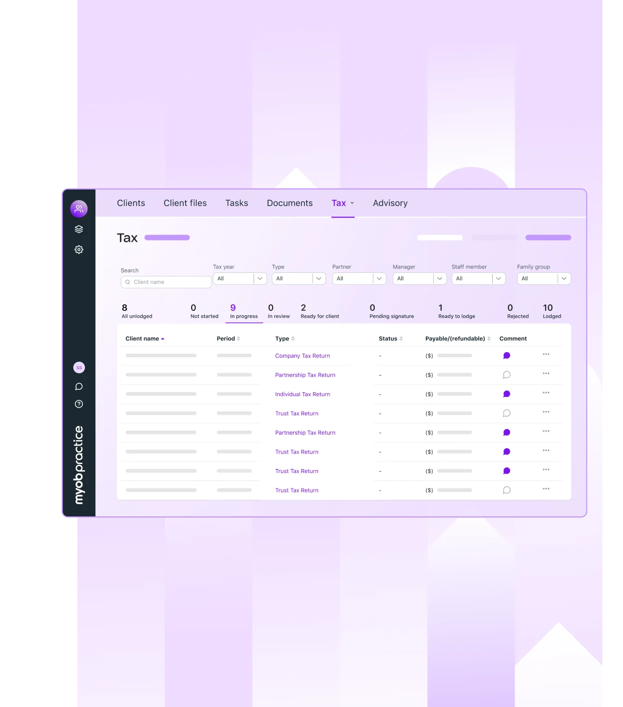 MYOB Practice Tax software interface showing a list of client tax returns, including Company, Individual, Trust, and Partnership types, with statuses like 'Not started', 'In progress', and 'Lodged'.