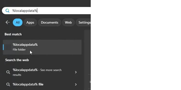Local app data in windows search