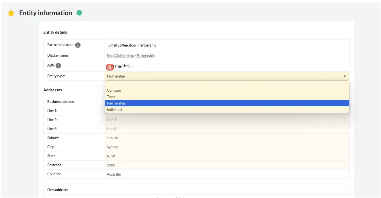 Entity information page showing Partnership highlighted in the Entity type field