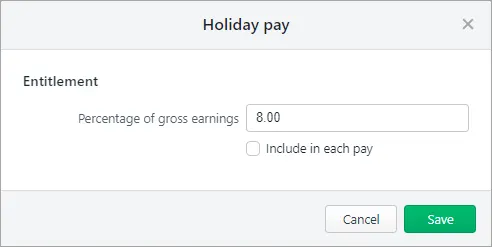 Example holiday pay screen for a new employee