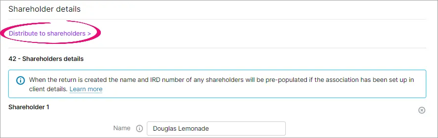 Distribute to shareholders option highlighted at the top of the Shareholder details section