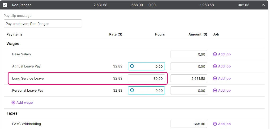 Example pay with paid long service leave hours highlighted