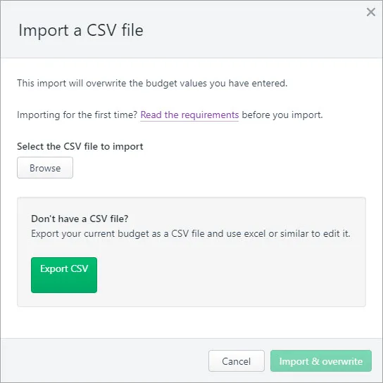 Import a CSV file window