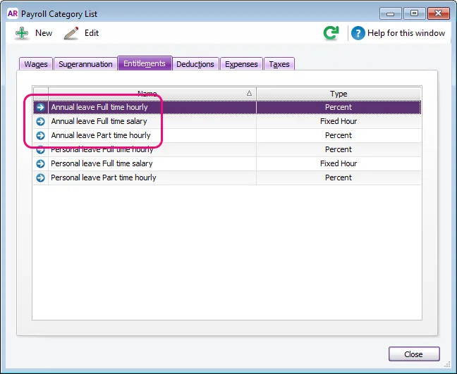 Annual leave entitlement categories highlighted