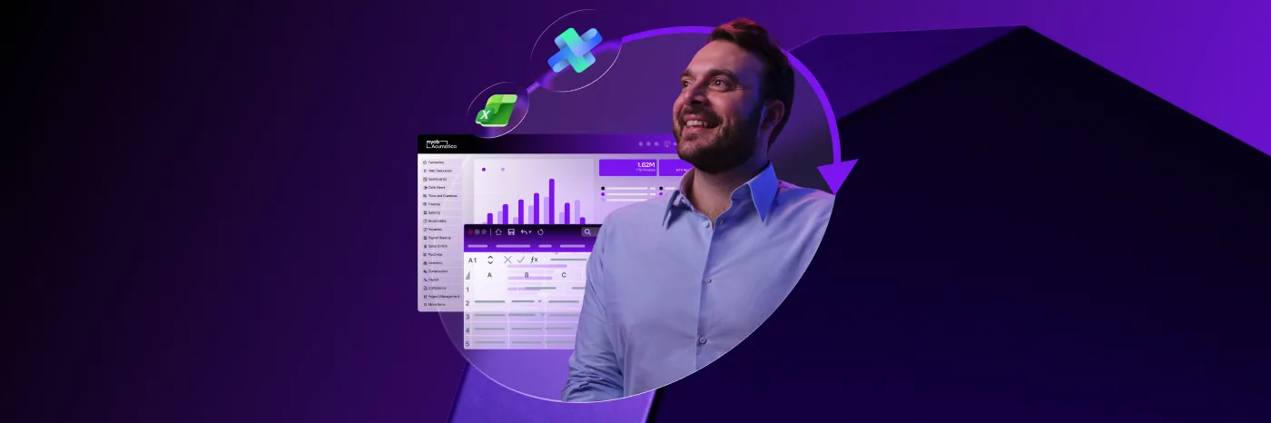 Businessman smiling in front of MYOB Acumatica interface mockups