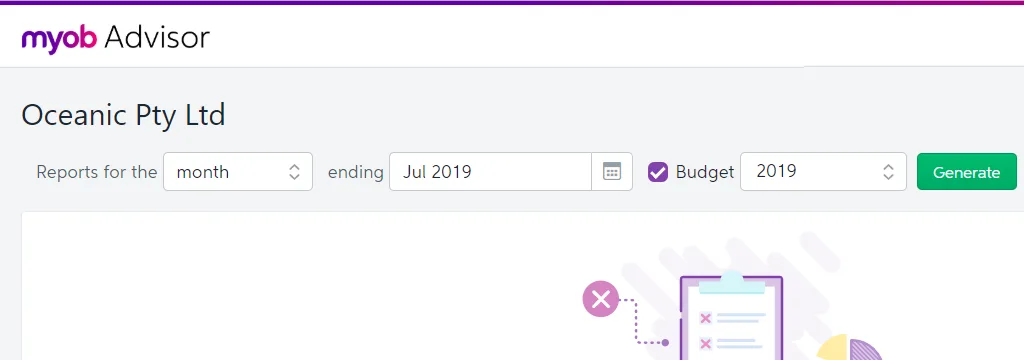 MYOB Advisor showing Reports for the (month), ending (month and year) and year fields, a Budget checkbox and Generate button.