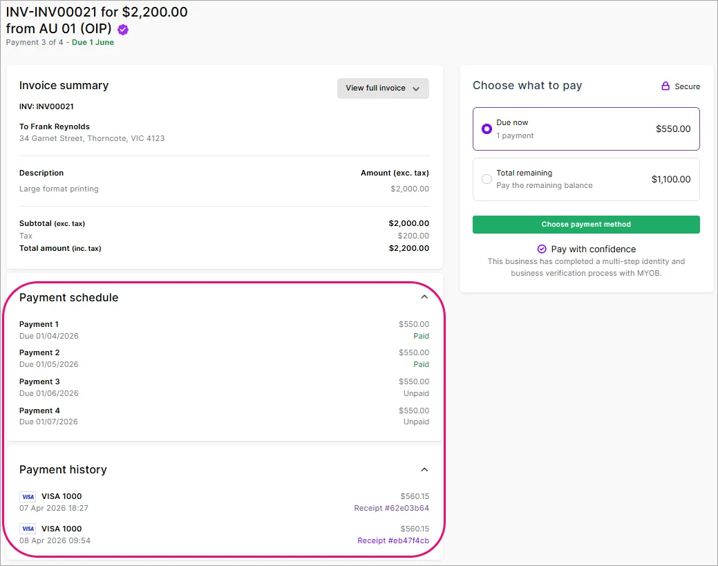 Example online invoice with payment schedule and payment history highlighted